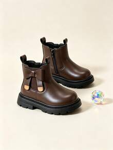 Girls' Brown Bow Chelsea Boots, Thick Sole Anti-Slip Soft Leather Side Zipper Ankle Boots For Autumn/Winter - Brown - View 1