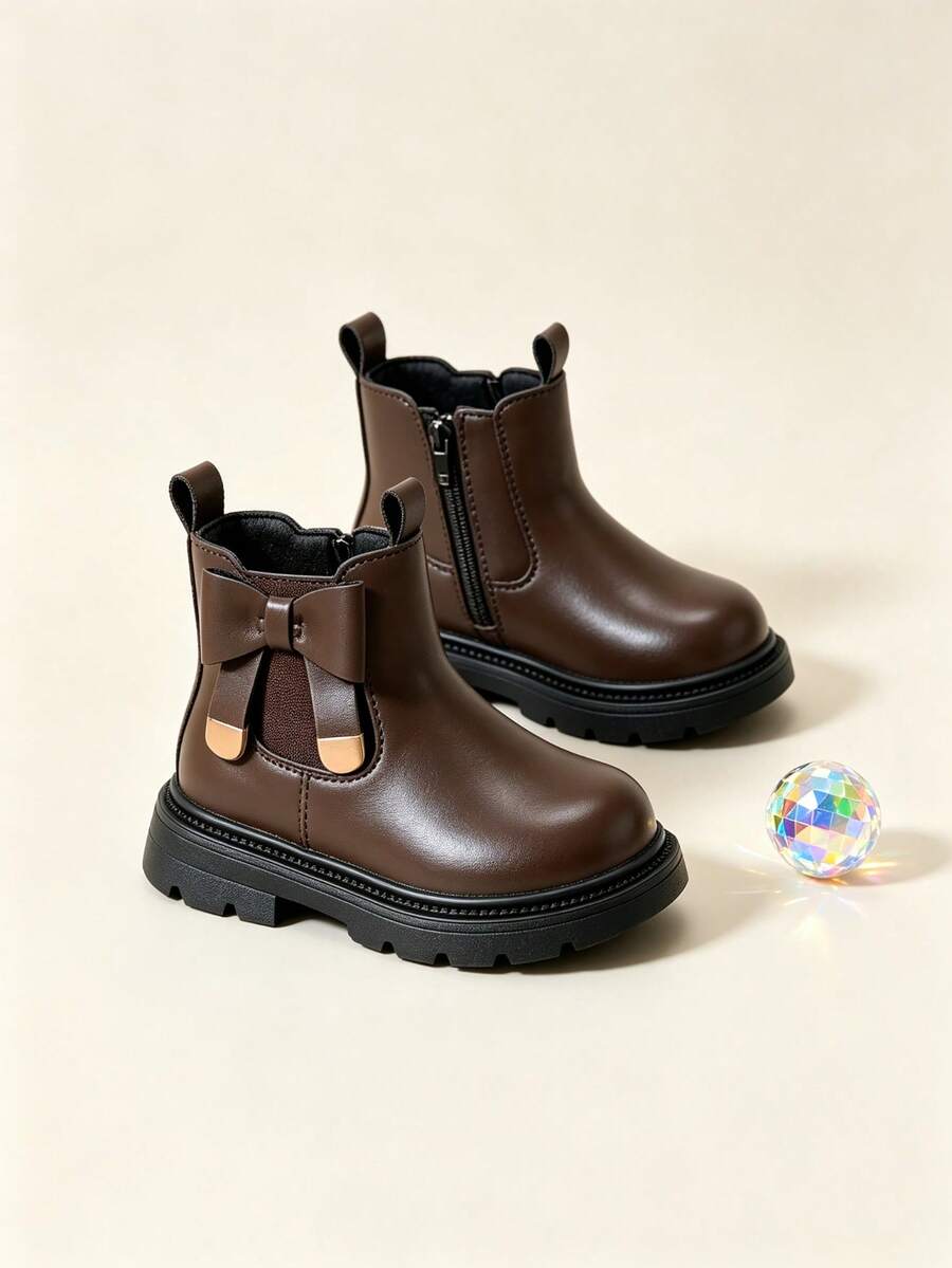 Girls' Brown Bow Chelsea Boots, Thick Sole Anti-Slip Soft Leather Side Zipper Ankle Boots For Autumn/Winter - Brown - View 1