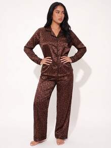Brown Leopard Print Jacquard Women's Long Sleeve Long Pants Pajama Set - Brown - View 1