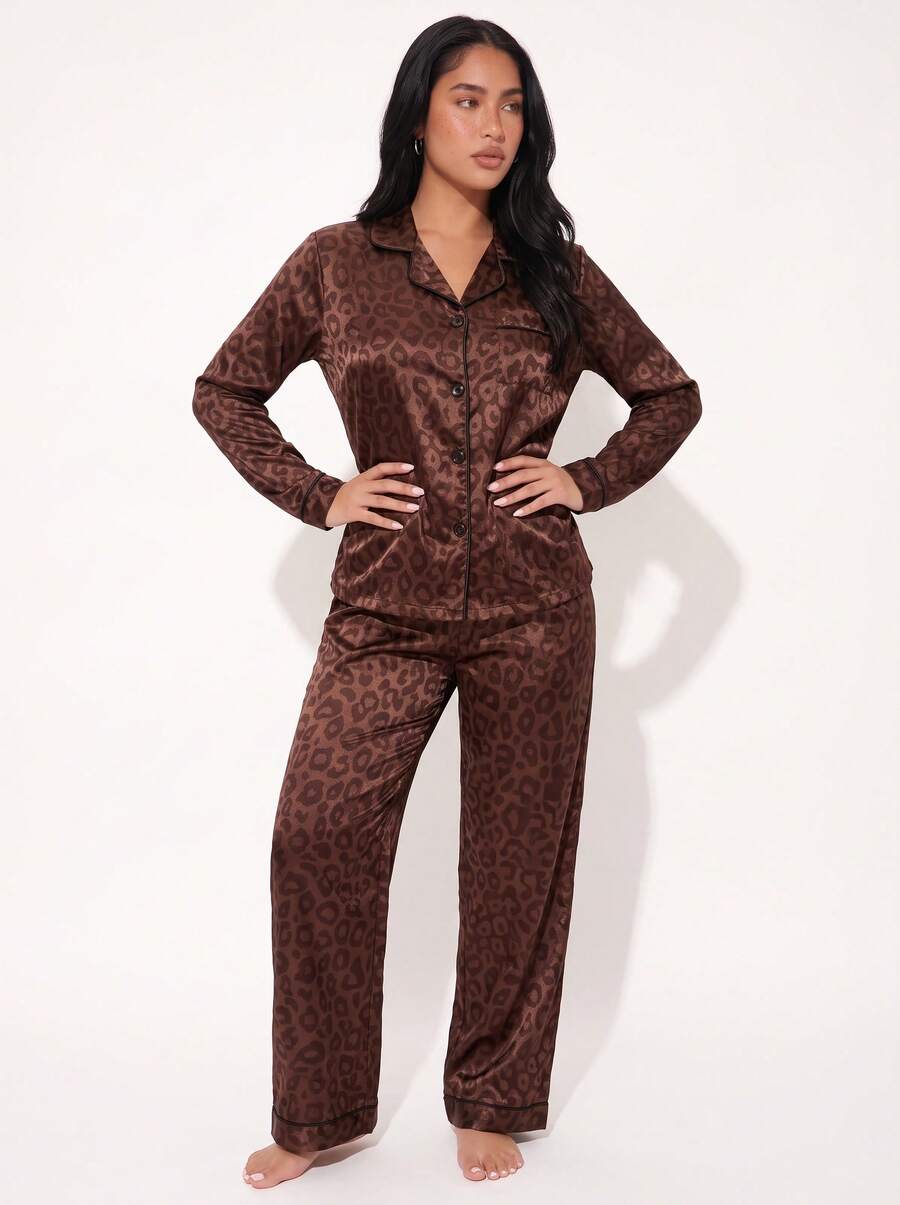 Brown Leopard Print Jacquard Women's Long Sleeve Long Pants Pajama Set - Brown - View 1