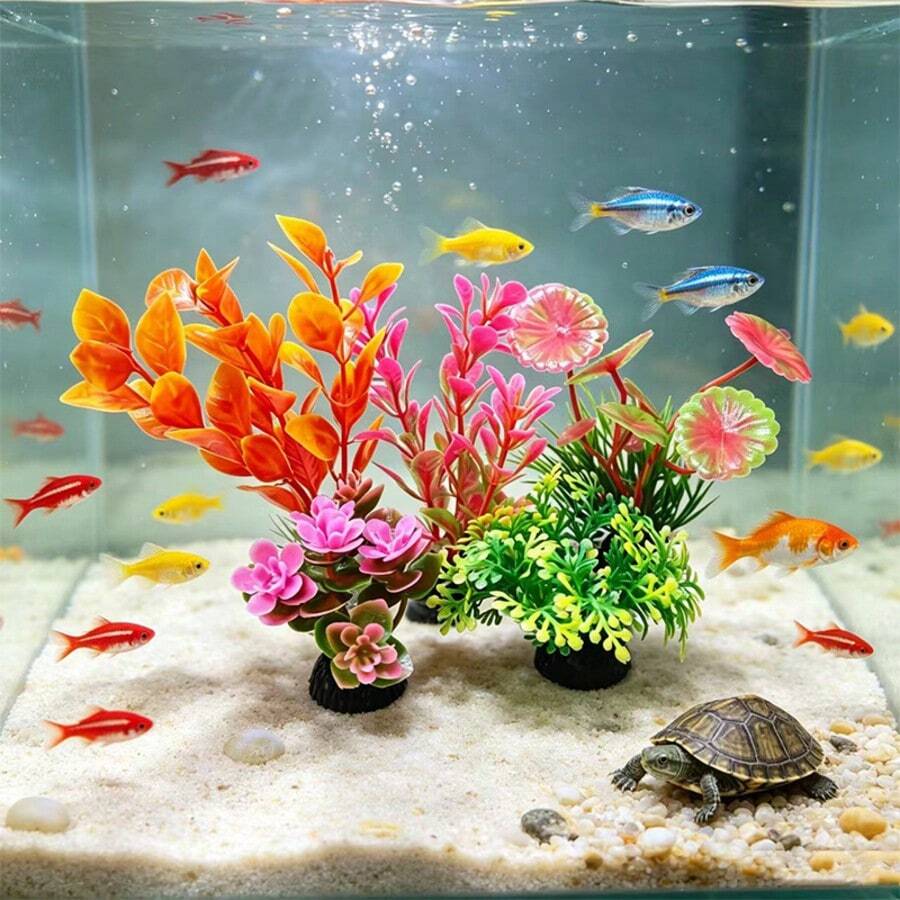 Colorful Artificial Plastic Plants Decoration Set For Fish Tank, Aquarium Decorative Grass, Fish Tank Decoration Hiding Accessories - A - View 1