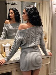 NEW IDEA Women's Casual Minimalist Grey Fall Winter Short Sweater Dress, Cable Knit Long Sleeve Mini Dress For Night Out, Daily Going Out, Party - Grey - View 6