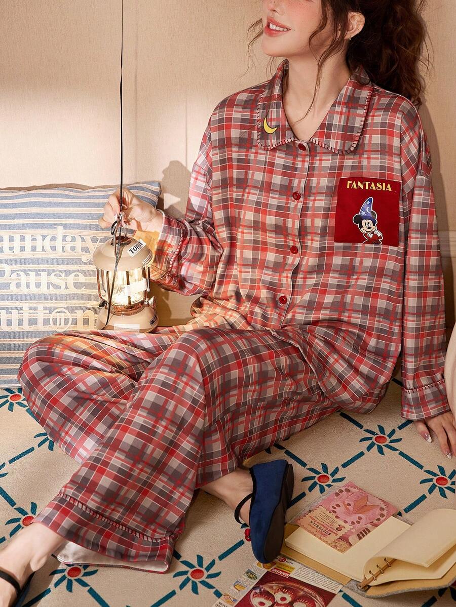 Gongdie 2 Pieces Disney Mickey Christmas Pajamas For Women,Fall Red Plaid Soft Cotton Loungewear With Pocket - Red - View 1
