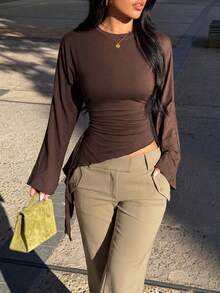 Women's Round Neck Long Sleeve T-Shirt, Asymmetrical Ruffle Tie Side, Waist-Cinching Slim Fit Short Top, Sexy Style - Brown - View 3