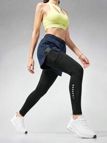 1件女款運動長褲，四季健身2合1褲子，防走光，彈性內襯附口袋，跑步印花 - 藍色 - 查看 4