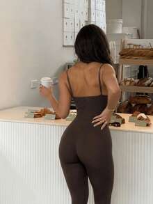 Sexy Hot Girl Style Spaghetti Strap Fitted Fashion Solid Color Long Jumpsuit Summer Brown - Brown - View 5