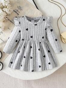 Baby Girl Ribbed Fashion Heart Print All-Over Faux Button Long Sleeve Dress For Outdoor Wear - Grey - View 1