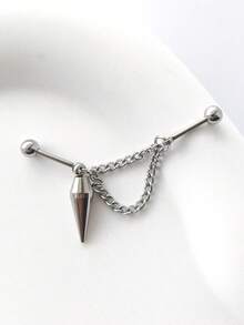 1Pc Double Chain Cone Pendant Floating Industrial Piercing Barbell Stainless Steel Earring Helix Piercing Ear Piercing Ear Stack Body Jewelry - Silver - View 7