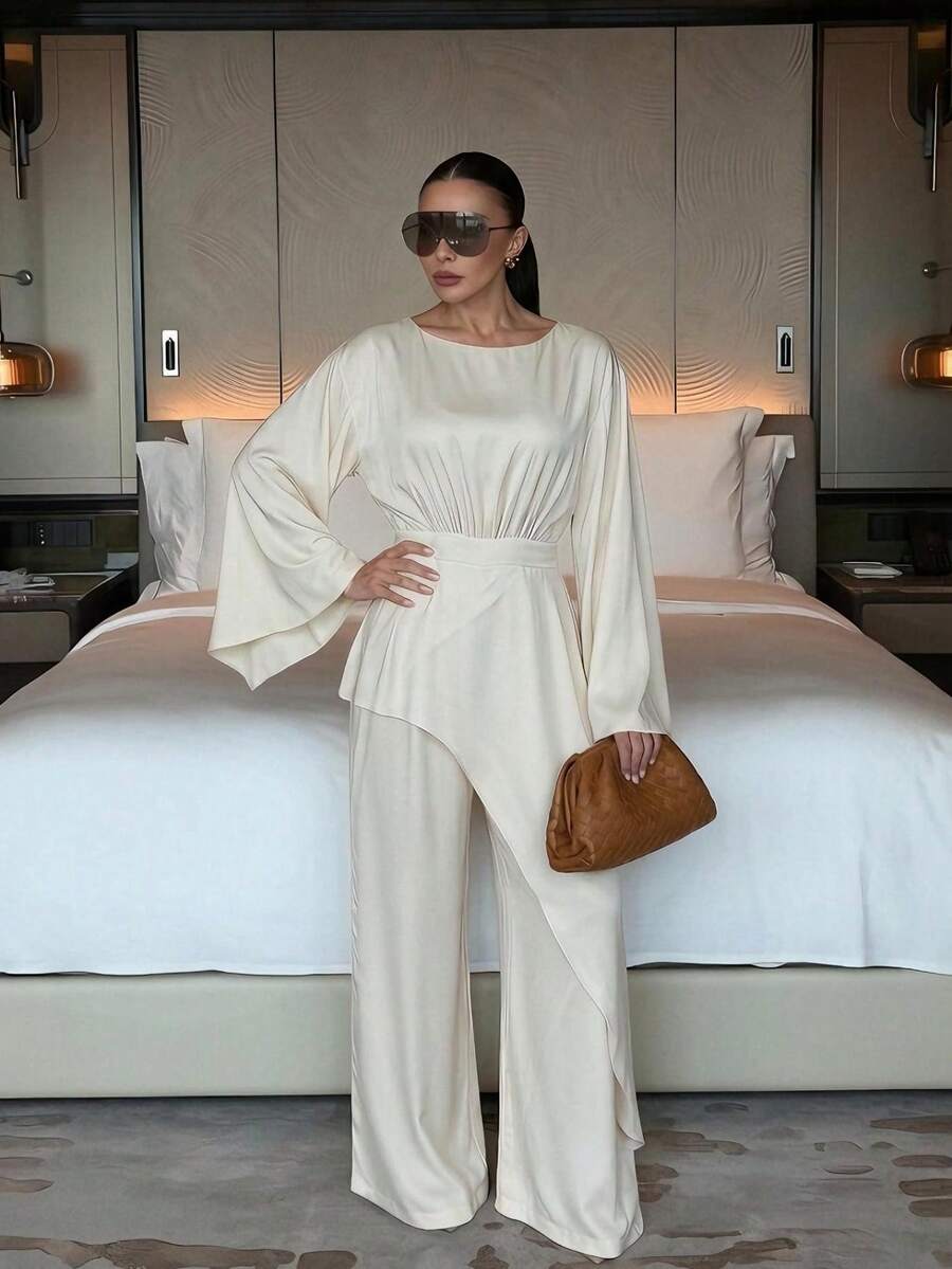 Women's Elegant Long Sleeve Round Neck Woven Jumpsuit - Apricot - View 1