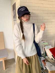 Women's Winter High Neck Ribbed Knit Pullover Sweater, Loose Long Sleeve High Elastic Warm Top, Suitable For Autumn/Winter Wear - White - View 4
