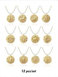 1pc 12 Zodiac Signs Necklace, Stainless Steel Material, 12 Zodiac Signs Colorful Rhinestone Pendant Necklace, Women's Necklace, Exquisite Jewelry - Gold - View 8