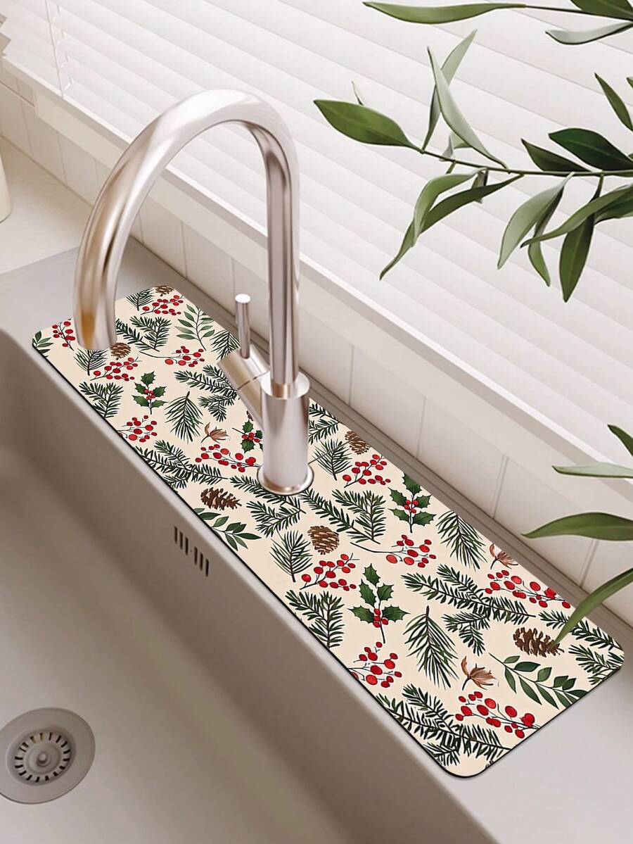 1pc Sink Faucet Absorbent Mat, Christmas Decoration Pattern, Drainage Mat, Suitable For Kitchen, Bathroom Sink, Countertop, Drainage Mat, Diatomaceous Earth Material, Trimmable, Quick-Dry Mat - Multicolor - View 1