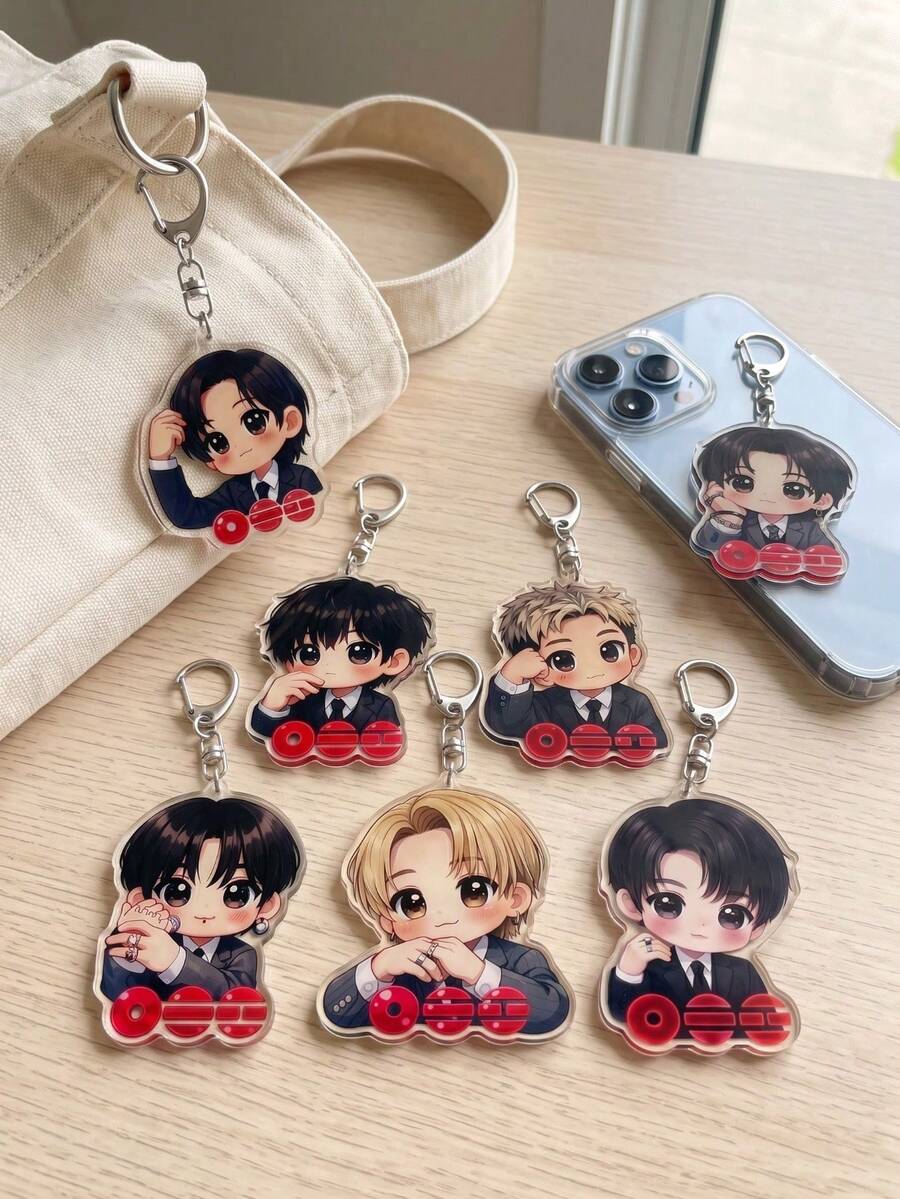 7pcs Acrylic Keychains, Cute Black Style Suit Bag Charms, K-Pop Friendship Bag Charms, Fan Gifts, Perfect Fan Gift - Multicolor - View 1