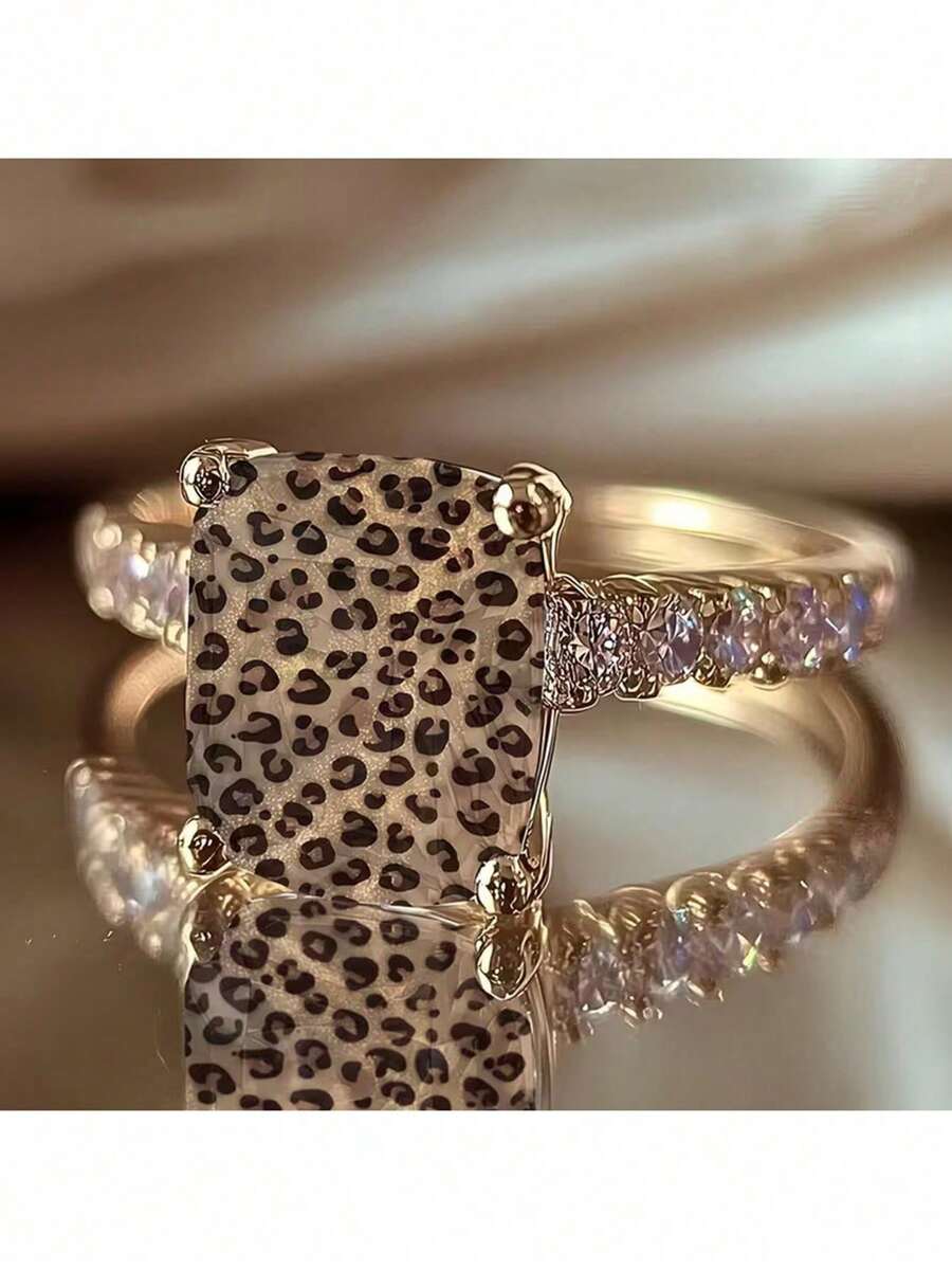 1 chiếc nhẫn vuông họa tiết báo phong cách Bohemian, trang sức họa tiết động vật sáng bóng, quà tặng cho nữ dùng hàng ngày, dự tiệc, ngày lễ và lễ hội - Vàng - Xem 1