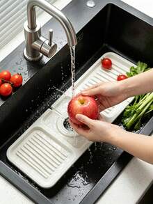 2pcs/1pc Foldable Silicone Sink Drain Mat, Multi-Functional Retractable Draining Board, Kitchen Essential For Small Apartments, With Round Hole To Fit Faucet, Textured Ridges For Fast Drainage And No Water Accumulation, Waterproof And Non-Slip, Multi-Purpose. Can Be Used As Dish/Fruit/Vegetable Washing Station, Dish Soap/Sponge Storage Mat, Craft Anti-Stain Mat, Coffee Bar Drip Tray, Makeup Brush Drying Mat. Soft And Foldable, Can Be Hung For Storage After Use, Space-Saving, Fits Most Sinks, Perfect For Singles, Cleanliness Enthusiasts, And As A Gift. - White - View 2