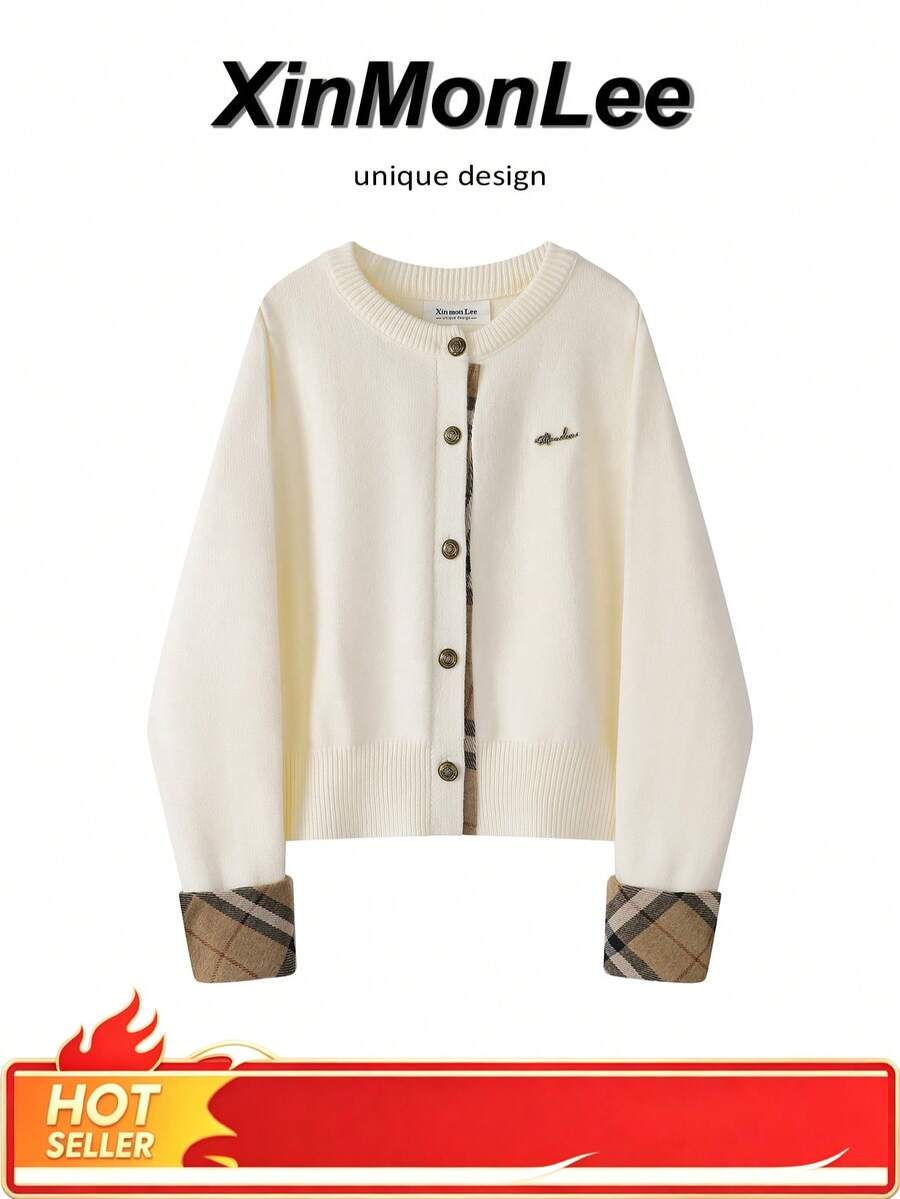 Knitted 2 In 1 Plaid Cardigan Slimming Sweater Button-Up Jacket For Evening Date, College, Vacation, Daily Wear, Autumn/Winter - Apricot - View 1