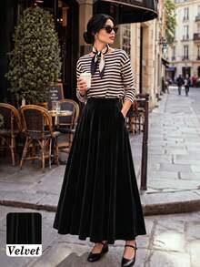 Rok A-Line Beludru Elegan Wanita, Musim Gugur/Dingin Hitam - Hitam - View 1