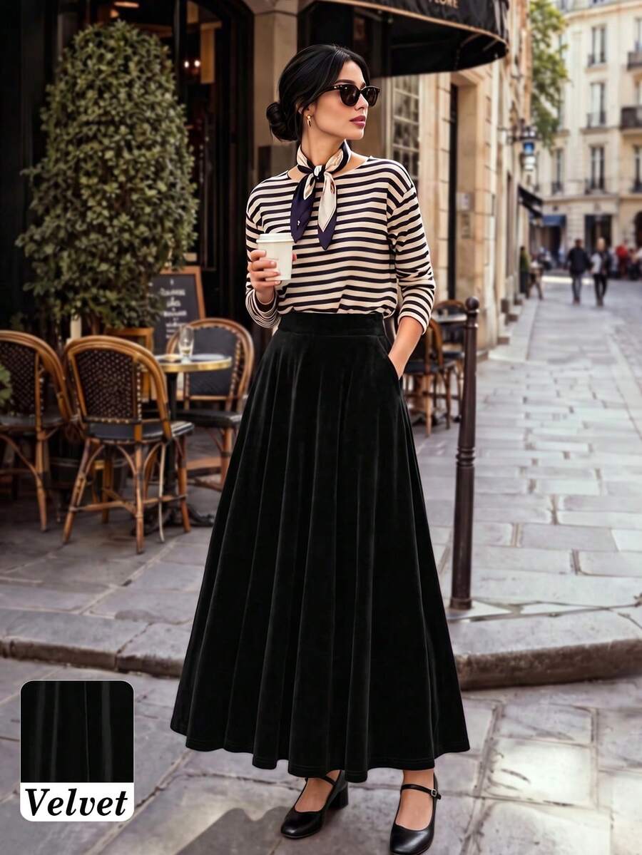 Rok A-Line Beludru Elegan Wanita, Musim Gugur/Dingin Hitam - Hitam - View 1