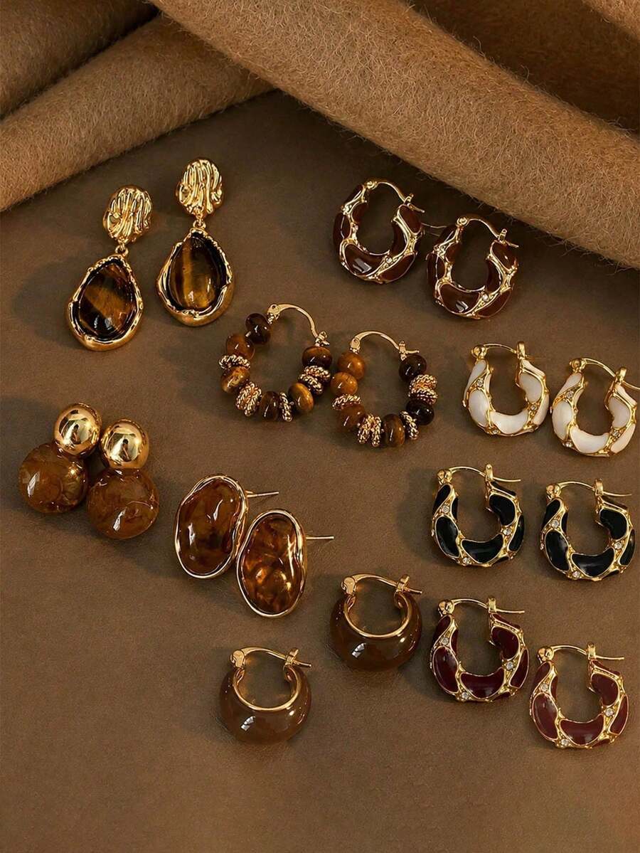 Set Anting-Anting Acak 2/8pcs dengan Batu Mata Harimau Imitasi Bergaya Vintage Elegan, Cocok untuk Pemakaian Sehari-hari Wanita, Padukan dengan Sweater di Musim Gugur/Dingin, Hadiah Sempurna untuk Ibu, Pacar, Sahabat - Coklat - View 1