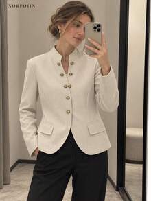 Women's Vintage Button Long Sleeve Lightweight Blazer - Apricot - View 1