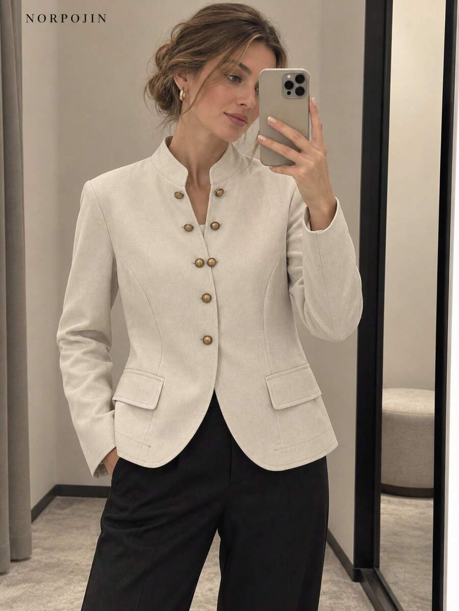 Women's Vintage Button Long Sleeve Lightweight Blazer - Apricot - View 1