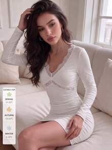 SUNSTORY Women's Autumn Beige V-Neck Lace Patchwork Long Sleeve Fitted Bodycon Mini Skirt, Suitable For Dates, Parties, Daily Outings, Back To School Prom - White - View 3