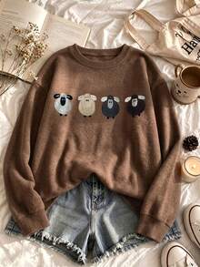 Plus Size Women's Knit Sweater, Lamb Pattern, Long Sleeve Crew Neck Regular Fit, Ideal Choice For Autumn Fall - Brown - View 2