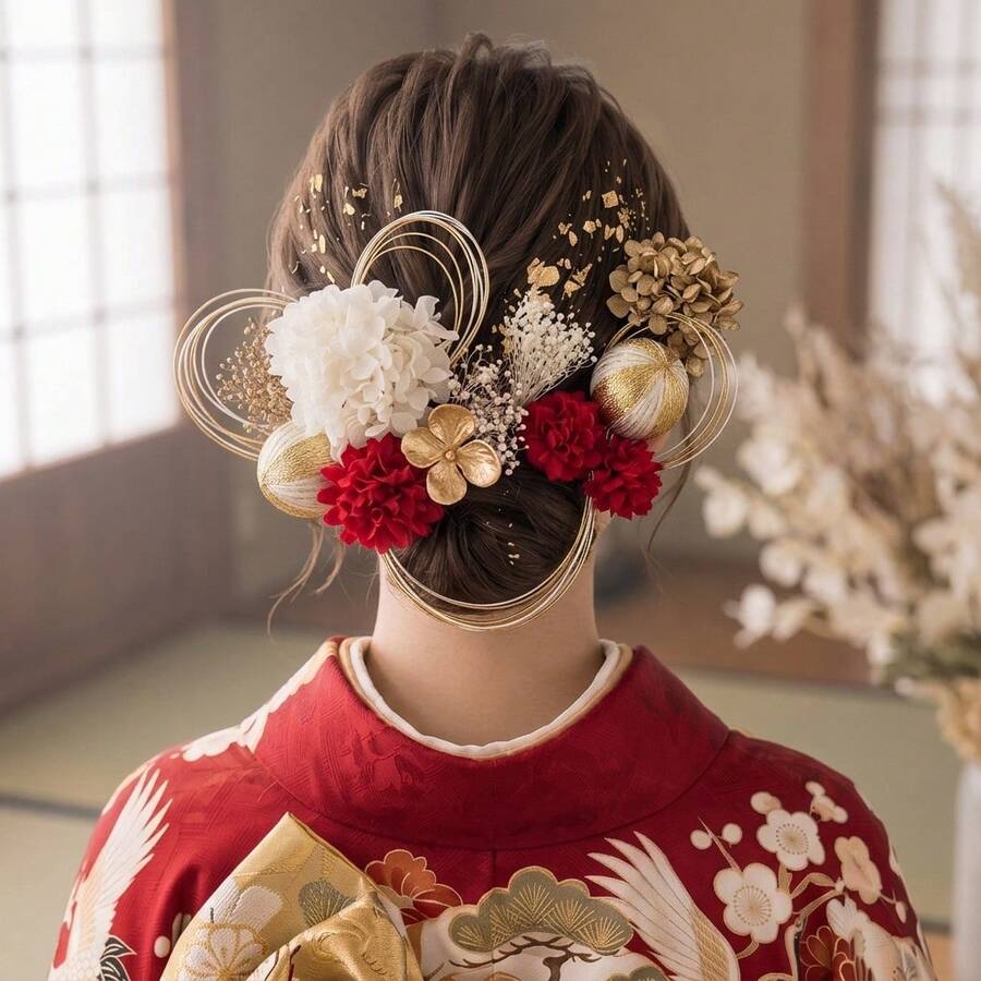 水引き  袴 髪飾り 卒業式 成人式 水引 金箔 紐 ロープ 金 ゴールド 白 ヘアアクセサリー 花 ドライフラワー 前撮り 成人式前撮り 振袖 袴 着物 色打掛 結婚式 ブライダル 花嫁 ヘッドドレス 浴衣 和装 かすみ草 - レッド - チェックする 1