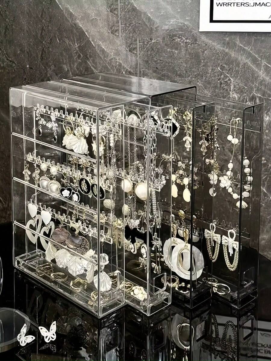 1pc Bedroom Vanity Tabletop Transparent Jewelry Storage Box, Earring Stud Necklace Bracelet Display Stand, Acrylic Dust-Proof Anti-Oxidation Jewelry Box - Clear - View 1