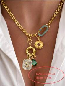 1件金色字母項鍊，奢華橢圓形扣環甜甜圈綠色鑽石吊墜項鍊，適合女性精緻節日派對禮物 - 金黃色 - 查看 6