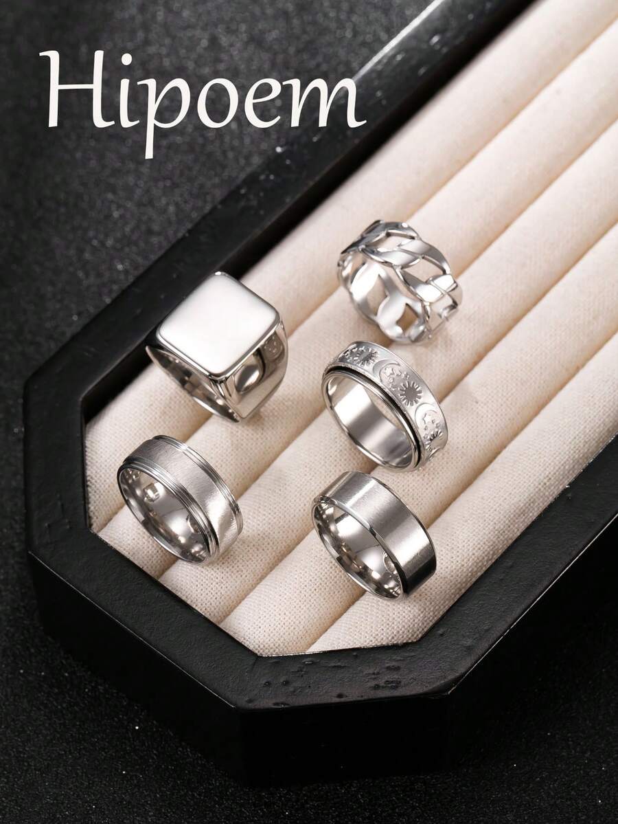 Hipoem 5pcs Fashion Stainless Steel Men's Rings, Twisted Large Square Star Moon Rotating Horizontal Sand Design Combination Set, Suitable For Daily Wear, Dating, Halloween Party, Holiday Jewelry - Silver - View 1