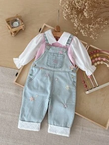 Baby Girls Infant Turn-Down Collar Petal Sleeve Top With Floral Embroidery Denim Overalls Lace Trim Spring Autumn Set - Baby Blue - View 2