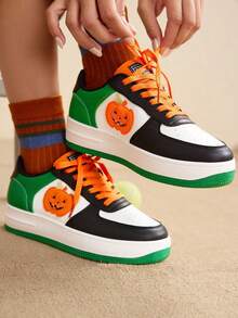 TCVC Women's Gothic Style Thick Sole Sneakers, Bat And Lightning Pattern Black & Neon Pink Lace-Up Halloween Skateboard Shoes - Green - View 2