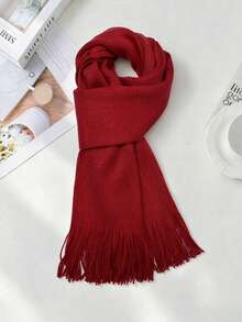 New Solid Color Scarf, Unisex Warm Knitted Tassel Long Scarf, Thick Boyfriend Style Neck Warmer, Suitable For Spring, Autumn And Winter - Burgundy - View 2