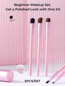 OEIEZ 5pcs Precision Eye Makeup Brush Set, Soft Synthetic Fiber Bristles Eyeshadow Blending Brush, Eyeliner Brush, Eyebrow Brush, Portable Eye Makeup Tools, Suitable For Beginners - Hot Pink - View 5