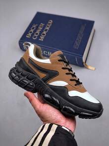 Multi-Layer Colorblock Lace-Up Casual Sports Shoes For Men, Brown Black White Retro Color Design, Multi-Air Cushion Thick Sole Invisible Height Increase, Durable Lightweight Streetwear Versatile Dad Sneakers - Khaki - View 2