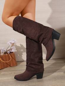 WTKMRSSTEP Women's Autumn/Winter Tall Slouch Boots With Chunky Heel, Simple Commuter Riding Boots - Brown - View 1