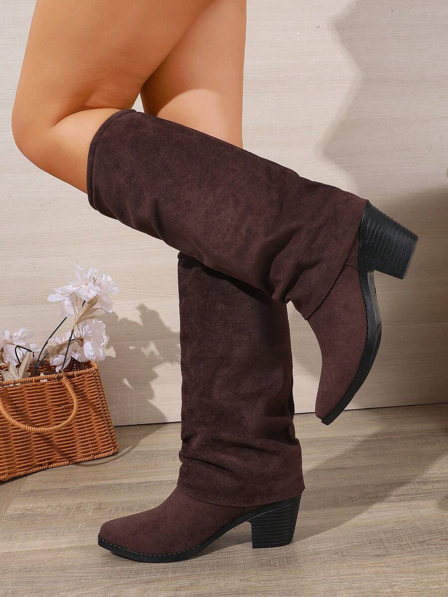 WTKMRSSTEP Women's Autumn/Winter Tall Slouch Boots With Chunky Heel, Simple Commuter Riding Boots - Brown - View 1