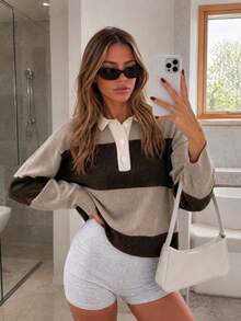 Plus Size Women's Multi-Color Long Sleeve Half-Button Knit Cardigan, Suitable For Autumn/Winter - Multicolor - View 4