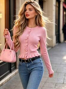 DONICY Women's Round Neck Long Sleeve Knit Cardigan Top With Frill Trim Patchwork + Single-Breasted Casual Layered Decor Round Neck Long Sleeve Knit - Pink - View 1