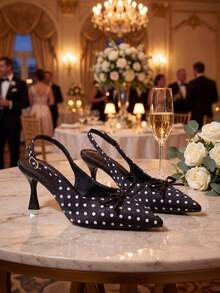 Black Polka Dot Pointed Toe Open Back High Heels, Cute Bow & Buckle Design, Elegant Satin Shoes, Suitable For Summer Dates, Dinners, Parties, Weddings - Black - View 2