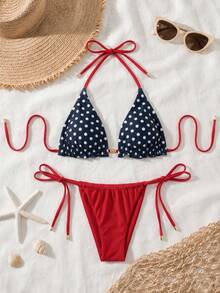 Vintage Black Base White Polka Dot Red Contrast Halter Bikini Set, Essential Two-Piece Swimsuit For Pool Party & Beach Vacation - Multicolor - View 2