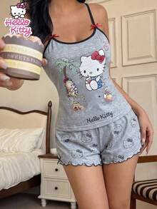 SANRIO Hello Kitty卡通印花吊带背心和短裤两件套，女童休闲家居服 - 灰色 - 查看 2