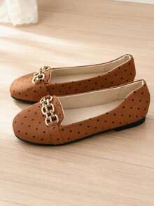 1 Pair 2026 New Girls Shoes Polka Dot Print + Metal Chain Decor Soft PU Leather Round Toe Slip-On French Gentle Commute Style Versatile Shoes For And Shopping - Brown - View 5