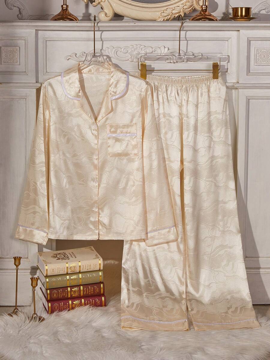 Women's Autumn/Winter Solid Color Jacquard Satin Patch Pocket Front Button Long Sleeve Pants Pajama Set - Champagne - View 1