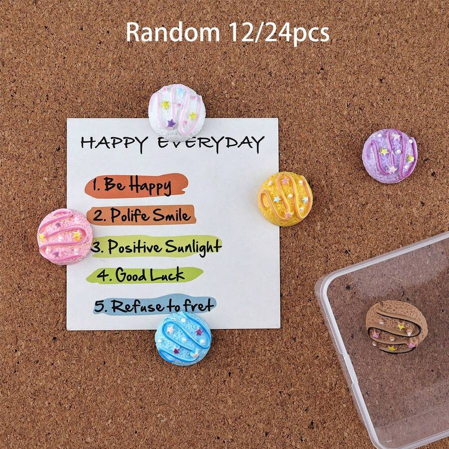 12/24pcs Random Style Star Ice Cream Ball Push Pins, Felt Board Nails, Cork Board Decorative Pins, Photo Wall T-Pins - Multicolor - View 1
