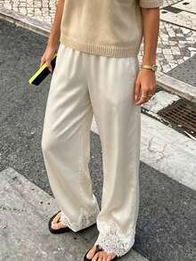 Women's Elegant Satin Wide Leg Pants Lace Trim Hem High Waist Loose Fit Flowy Trousers - Apricot - View 2
