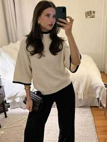 SEREN Women's Autumn/Winter High Neck Knit Sweater, Loose Casual 3/4 Sleeve Pullover, Suitable For Outdoor Wear - White Apricot - View 3
