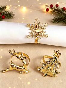 12/6/2/1pc Gold Christmas Theme Napkin Rings, Metal Christmas Tree Napkin Holders, Reindeer, Snowflake, Christmas Tree Shaped Napkin Bands, Holiday Table Decor, Suitable For Christmas Dinner, Holiday Party, Wedding Banquet, Farmhouse Style And Home Table Setting Decoration - Gold - View 6