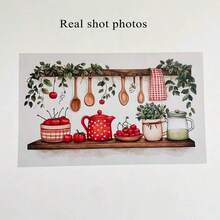 1pc Waterproof PVC Kitchen Wall Sticker - Glossy Nordic Bohemian Floral Fruit Removable Decal (Cherry, Beige/Green) - Suitable For Glass, Cabinets, Wardrobes, Doors - Oil-Resistant, Vinyl Home Decor, 2D Flat - Multicolor - View 6